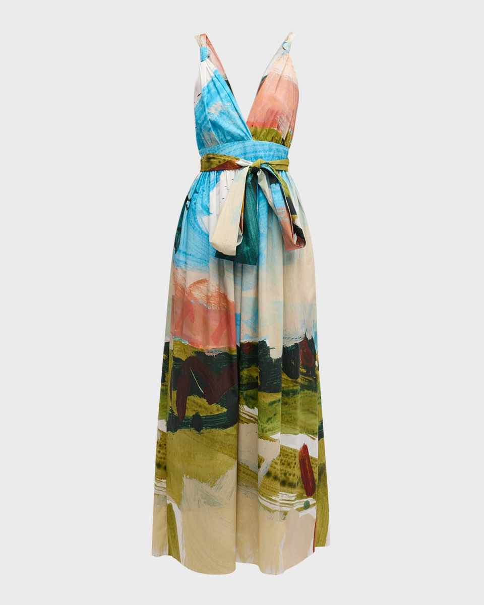 Plunging Landscape-Print Waist-Tie Sleeveless Maxi Dress
